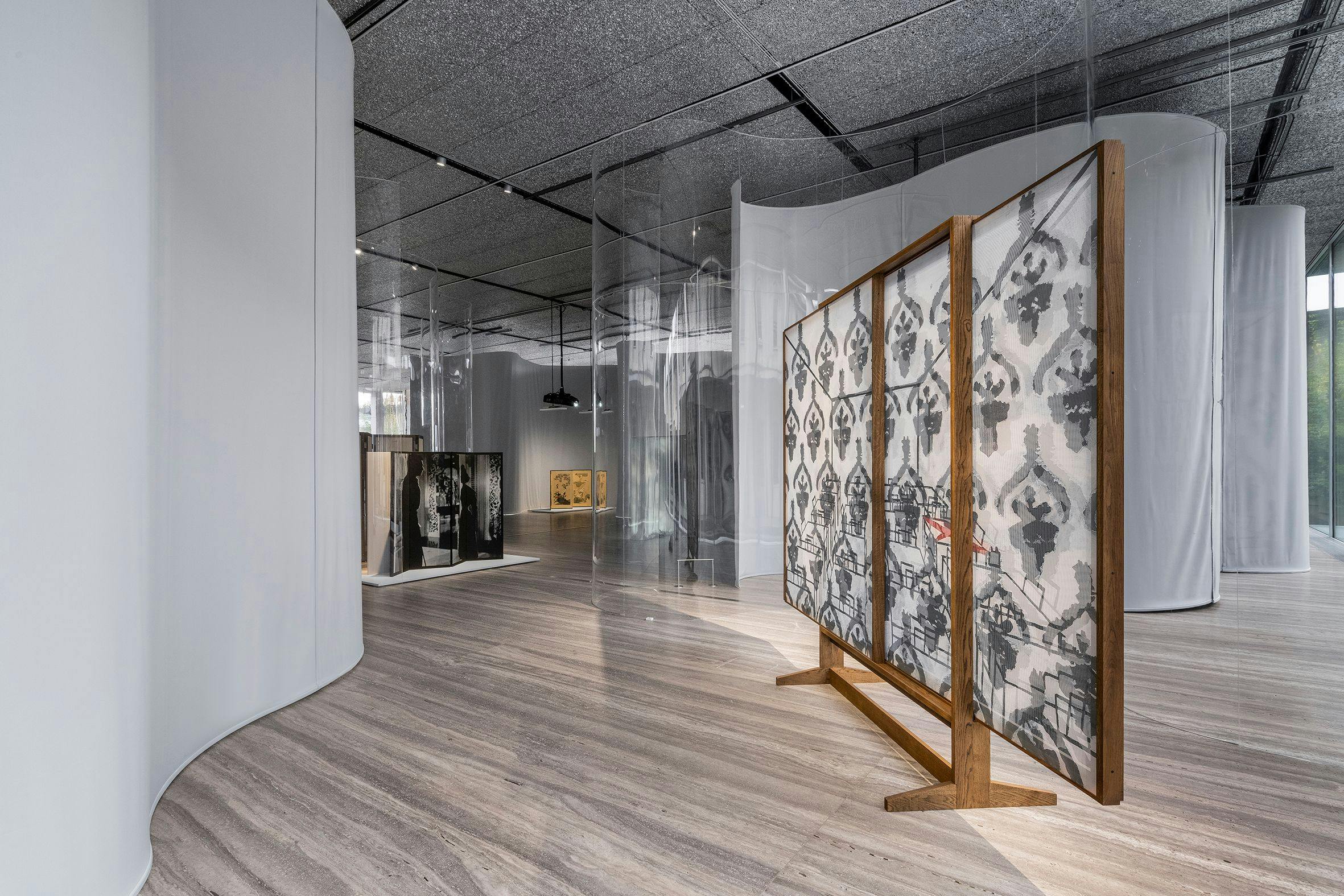Installation view of the exhibition, Paraventi: Folding Screens from the 17th to 21st Centuries, at Fondazione Prada, in Milan, dated 2023.